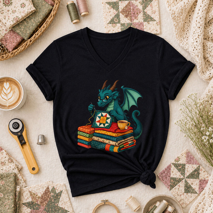 Dragon Quilter Fantasy Sewing With Fabric Stack Women's V-Neck - Black