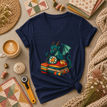 Dragon Quilter Fantasy Sewing With Fabric Stack Women's V-Neck - Navy