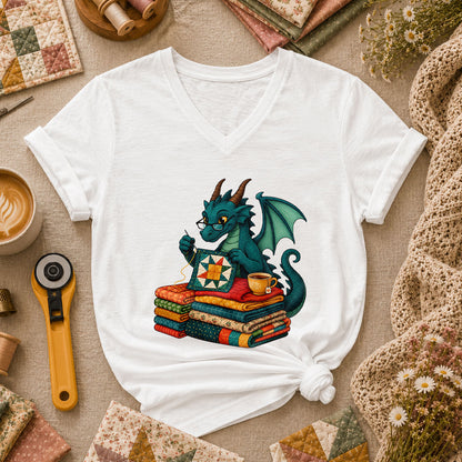 Dragon Quilter Fantasy Sewing With Fabric Stack Women's V-Neck - White