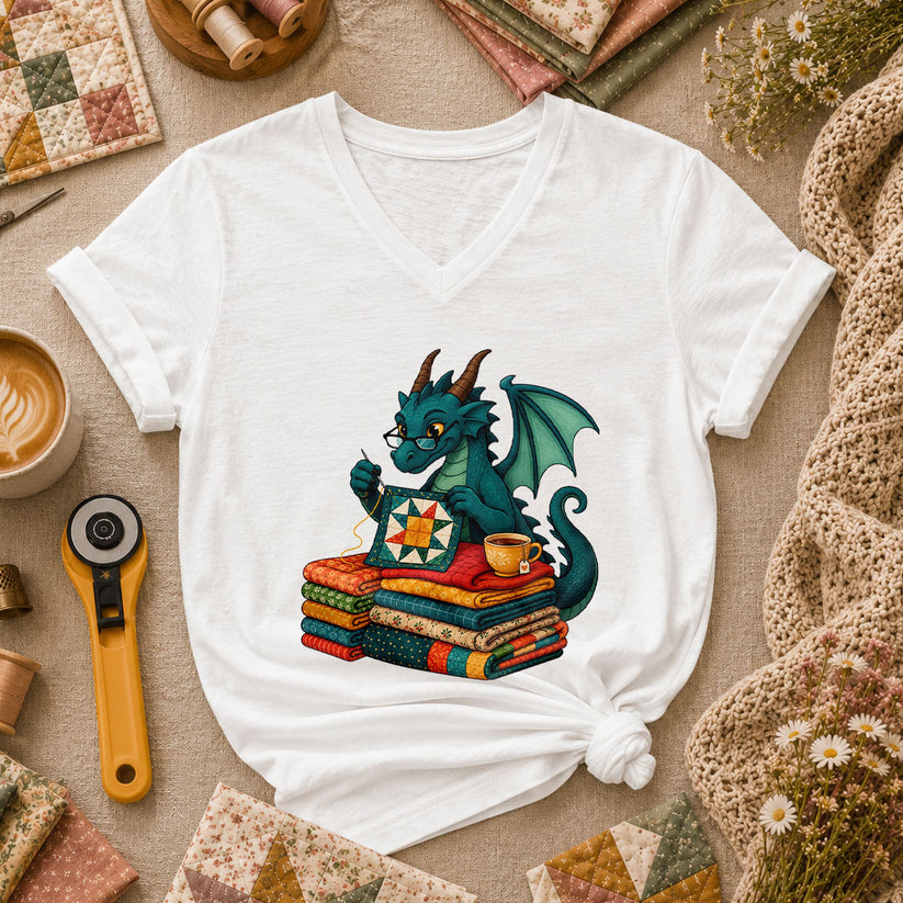 Dragon Quilter Fantasy Sewing With Fabric Stack Women's V-Neck - White
