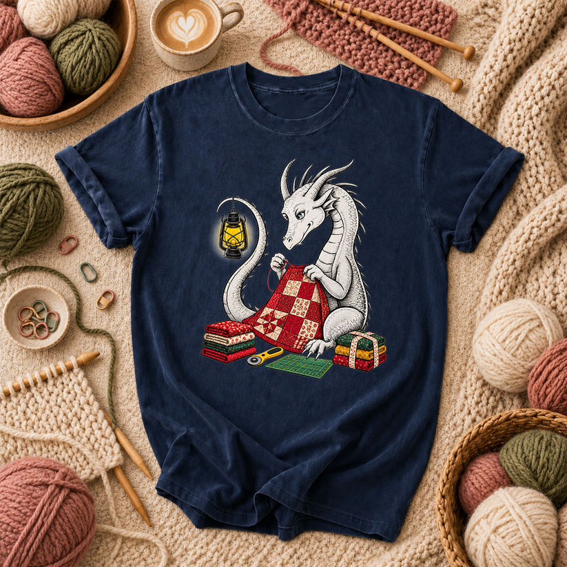 Dragon Quilting By Lantern Light T-Shirt - Navy