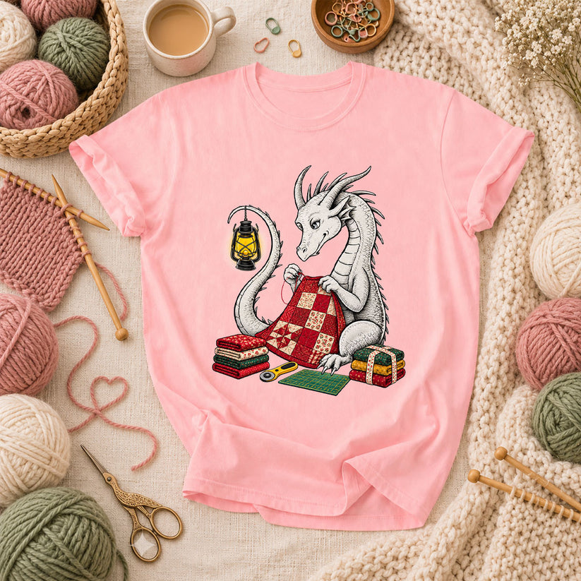 Dragon Quilting By Lantern Light T-Shirt - Pink