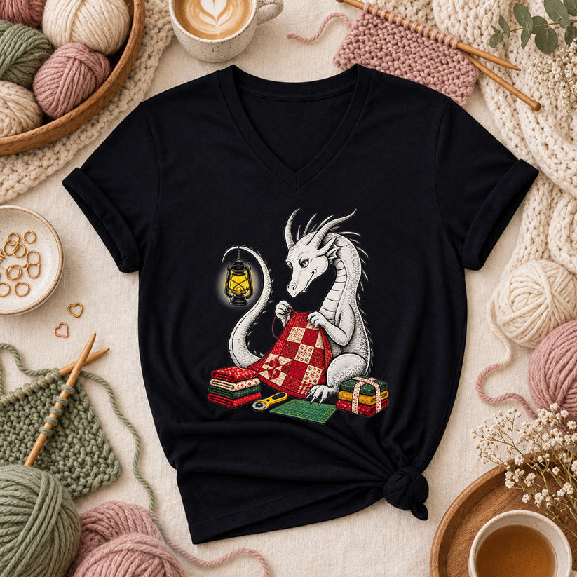 Dragon Quilting By Lantern Light Women's V-Neck - Black