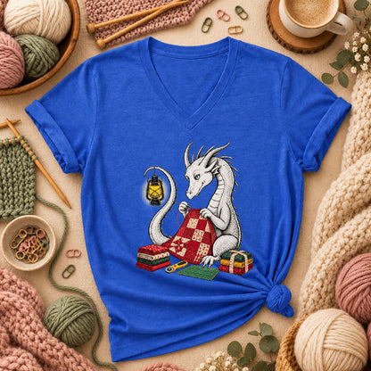 Dragon Quilting By Lantern Light Women's V-Neck - Heather True Royal