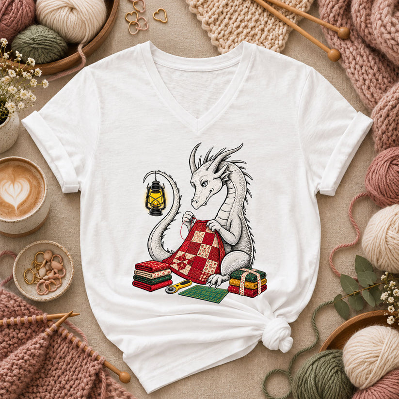 Dragon Quilting By Lantern Light Women's V-Neck - White