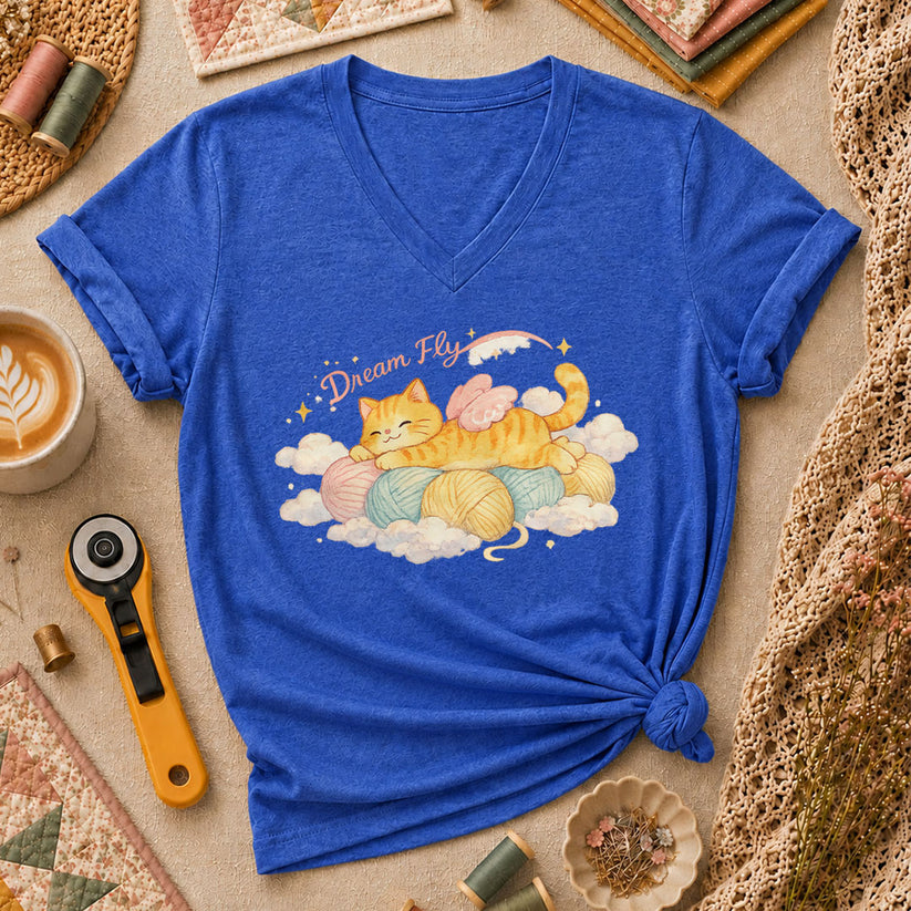 Dream Fly Kitten With Wings Women's V-Neck - Heather True Royal