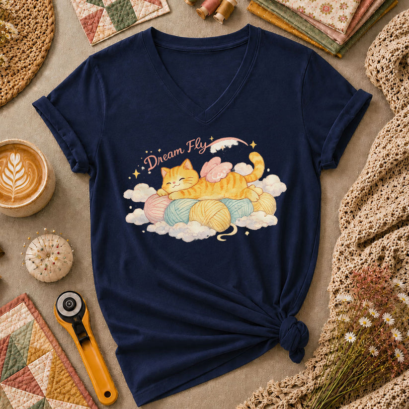 Dream Fly Kitten With Wings Women's V-Neck - Navy