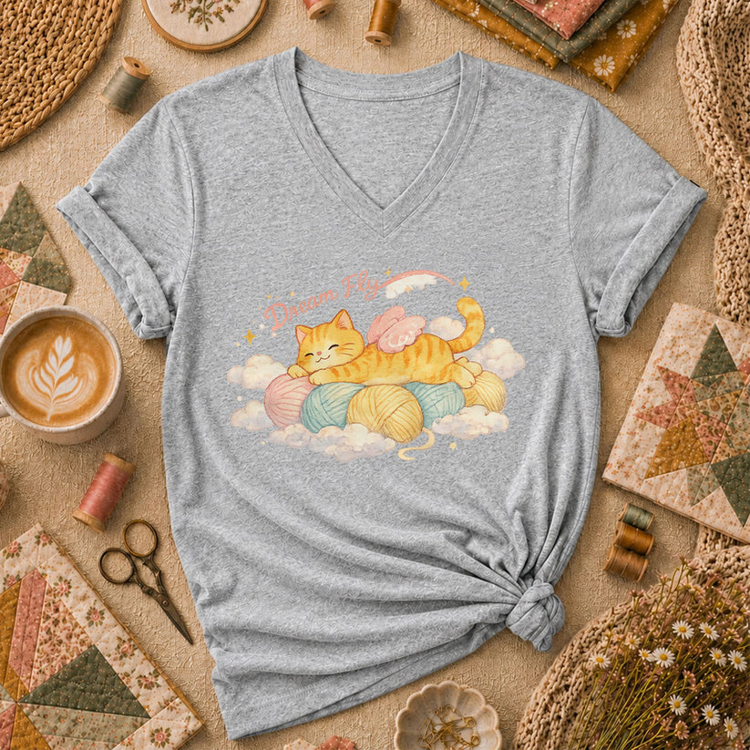 Dream Fly Kitten With Wings Women's V-Neck - Sport Grey
