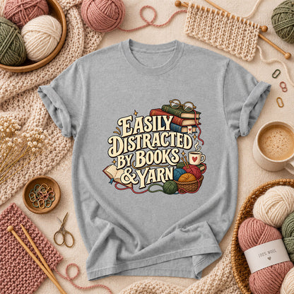 Easily Distracted By Books And Yarn T-Shirt - Athletic Heather