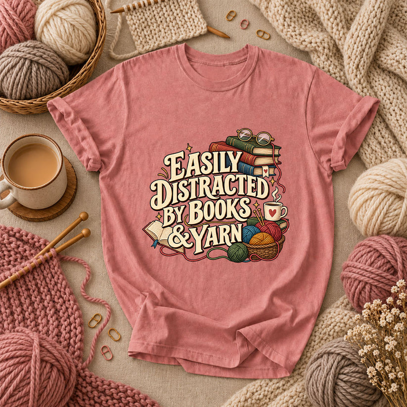 Easily Distracted By Books And Yarn T-Shirt - Heather Mauve