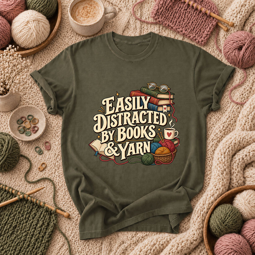 Easily Distracted By Books And Yarn T-Shirt - Military Green