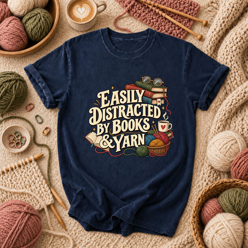 Easily Distracted By Books And Yarn T-Shirt - Navy