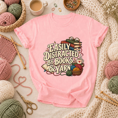 Easily Distracted By Books And Yarn T-Shirt - Pink