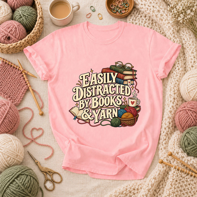 Easily Distracted By Books And Yarn T-Shirt - Pink