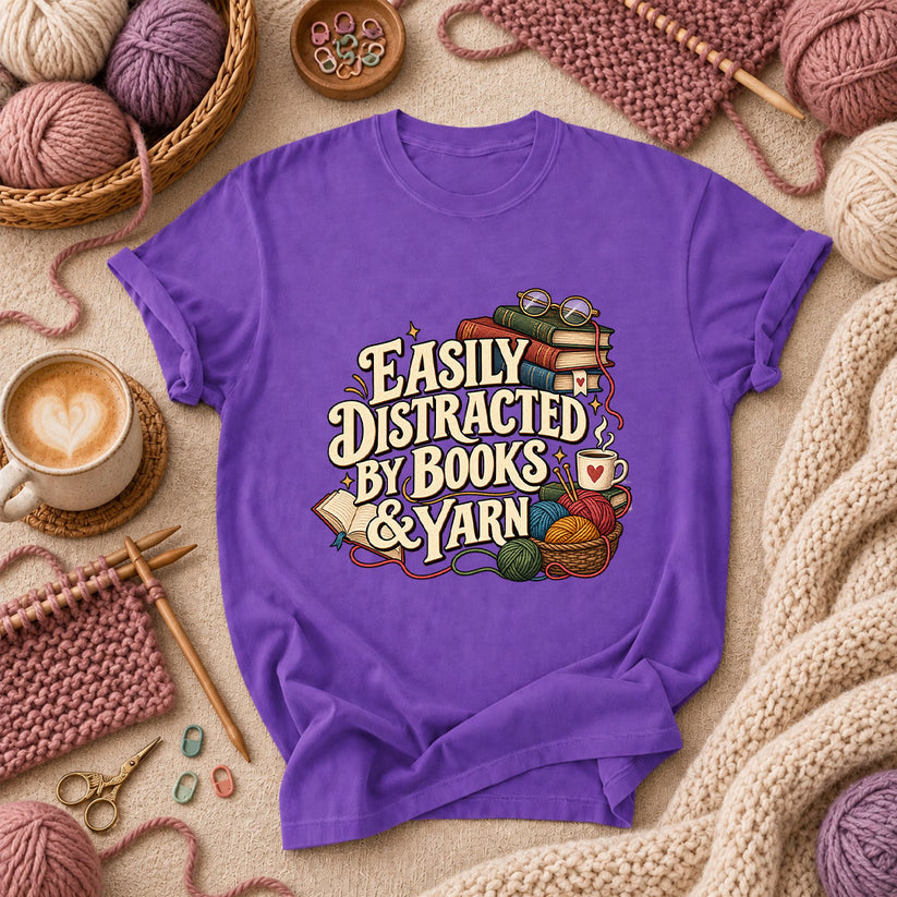 Easily Distracted By Books And Yarn T-Shirt - Purple