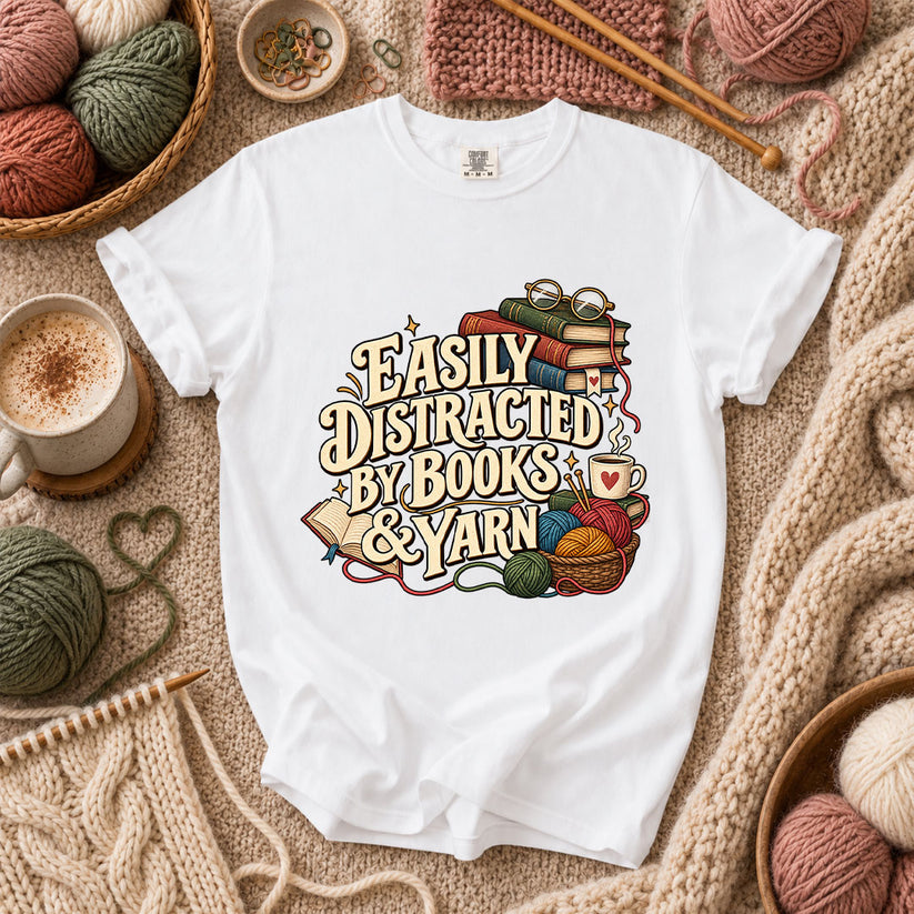 Easily Distracted By Books And Yarn T-Shirt - White