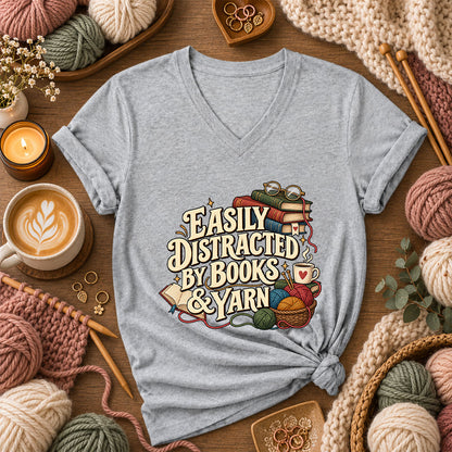 Easily Distracted By Books And Yarn Women's V-Neck - Athletic Heather