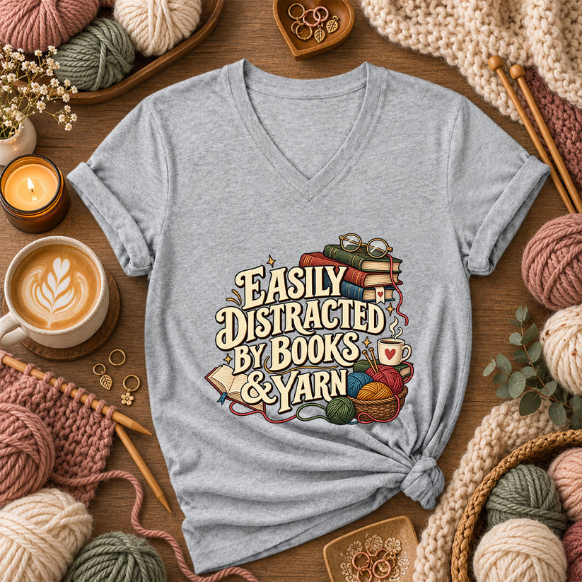 Easily Distracted By Books And Yarn Women's V-Neck - Athletic Heather