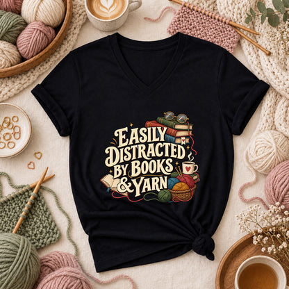 Easily Distracted By Books And Yarn Women's V-Neck - Black