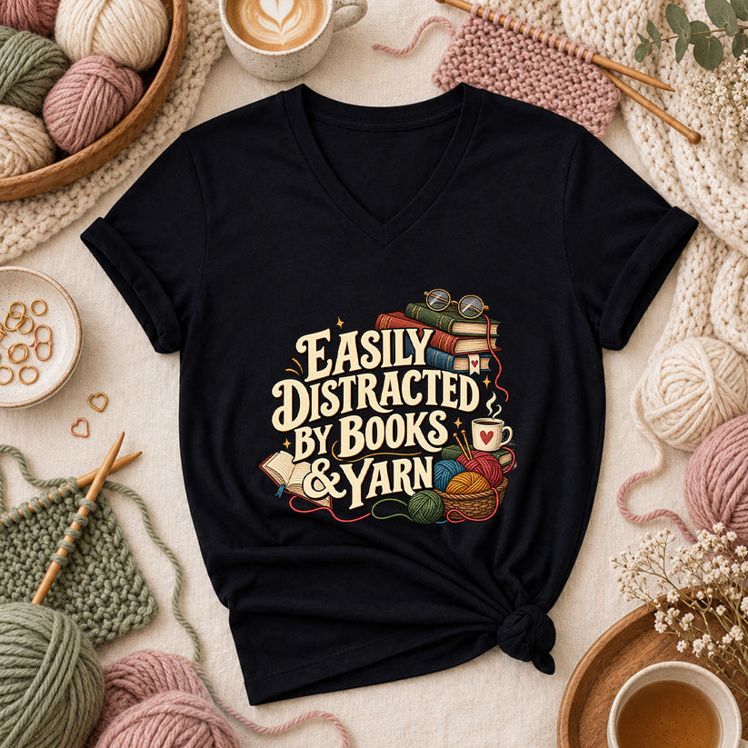 Easily Distracted By Books And Yarn Women's V-Neck - Black
