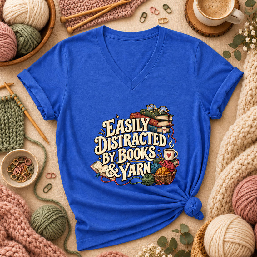 Easily Distracted By Books And Yarn Women's V-Neck - Heather True Royal