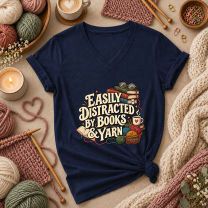 Easily Distracted By Books And Yarn Women's V-Neck - Navy