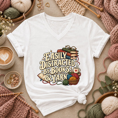 Easily Distracted By Books And Yarn Women's V-Neck - White