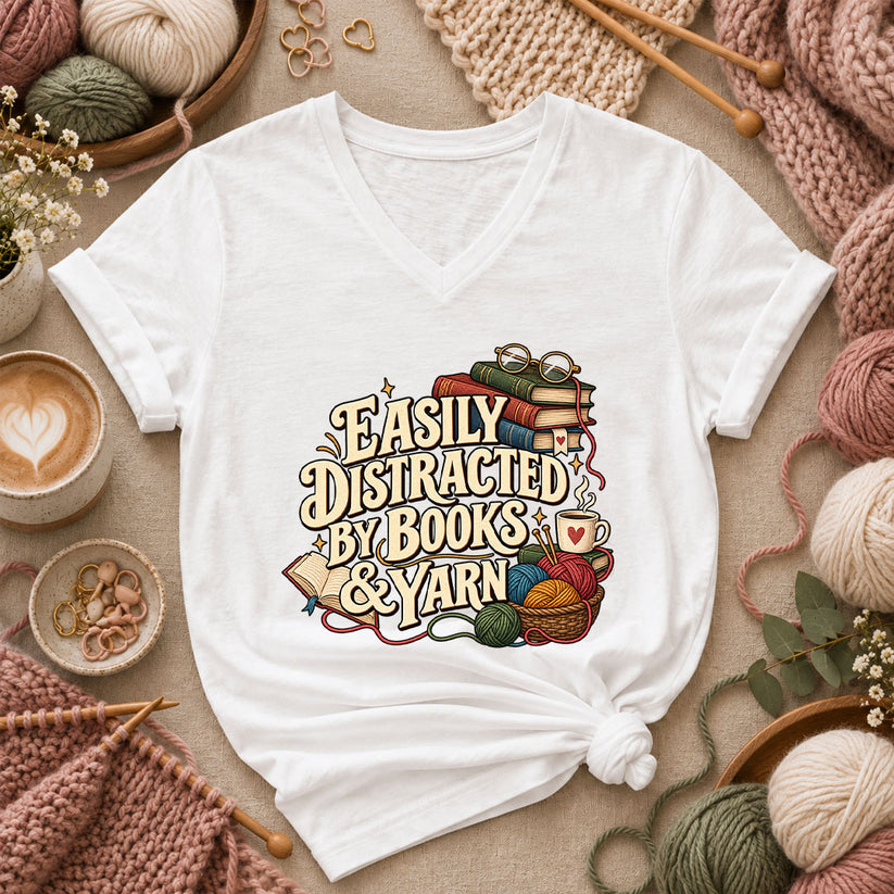 Easily Distracted By Books And Yarn Women's V-Neck - White