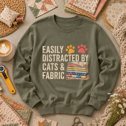 Easily Distracted By Cats And Fabric Long Sleeve - Military Green