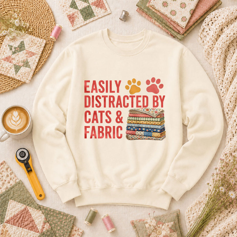 Easily Distracted By Cats And Fabric Long Sleeve - Natural