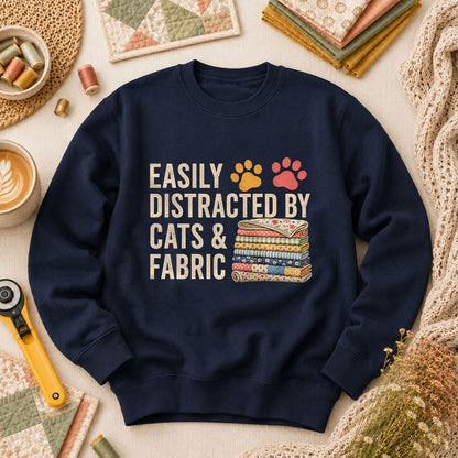 Easily Distracted By Cats And Fabric Long Sleeve - Navy