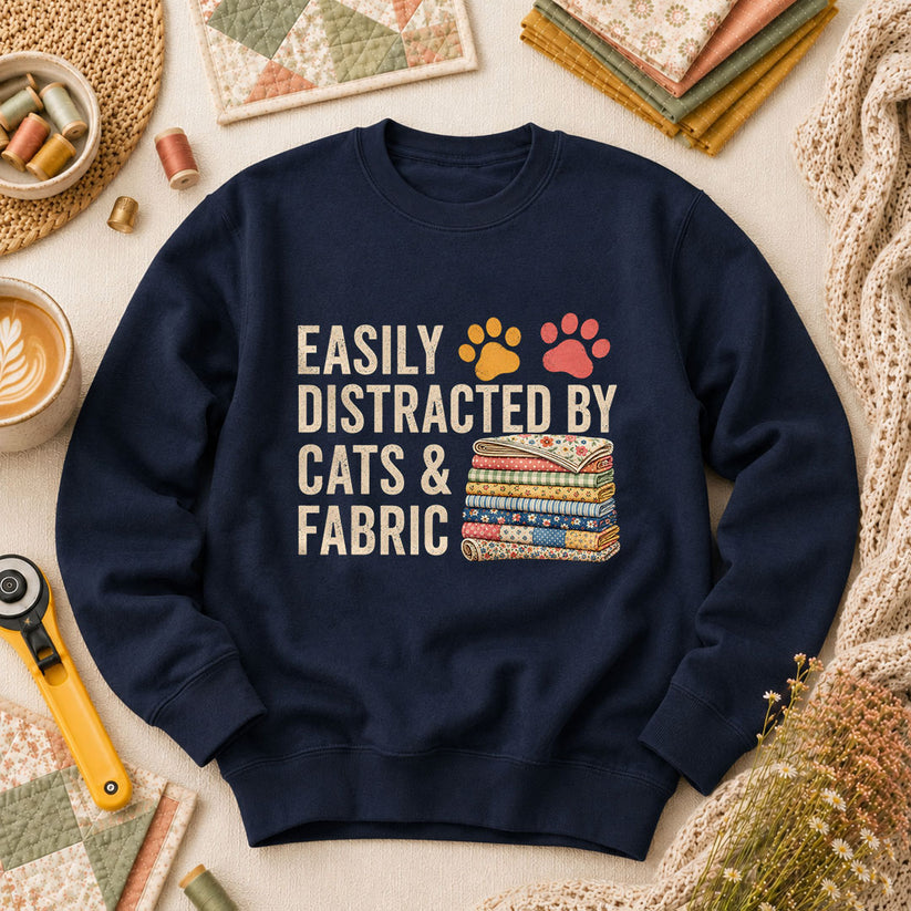 Easily Distracted By Cats And Fabric Long Sleeve - Navy