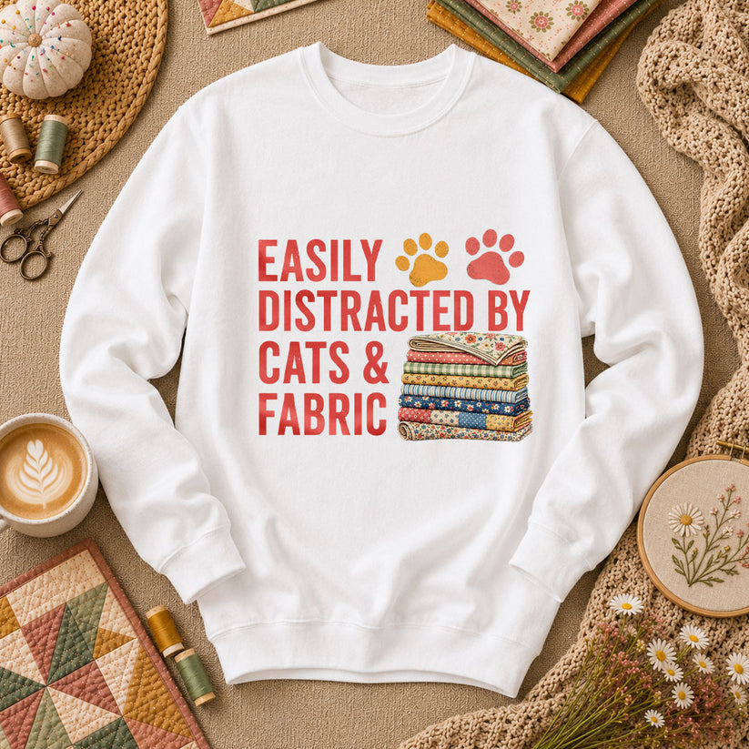 Easily Distracted By Cats And Fabric Long Sleeve - White