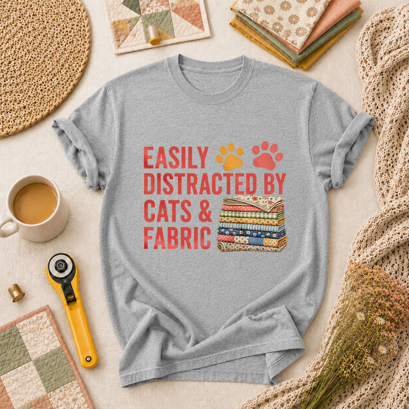 Easily Distracted By Cats And Fabric T-Shirt - Athletic Heather