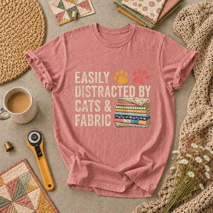 Easily Distracted By Cats And Fabric T-Shirt - Heather Mauve