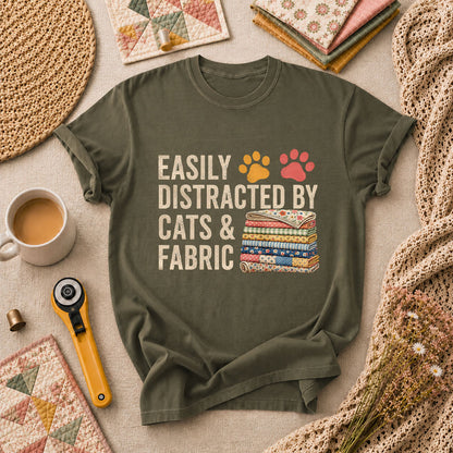Easily Distracted By Cats And Fabric T-Shirt - Military Green