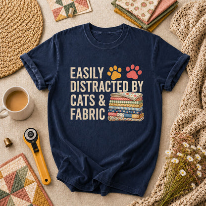 Easily Distracted By Cats And Fabric T-Shirt - Navy