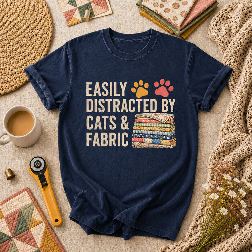 Easily Distracted By Cats And Fabric T-Shirt - Navy
