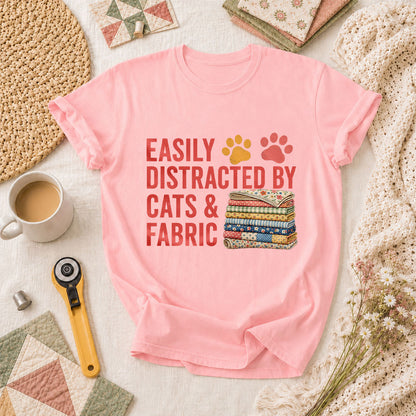 Easily Distracted By Cats And Fabric T-Shirt - Pink