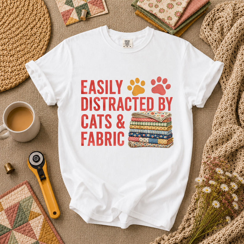 Easily Distracted By Cats And Fabric T-Shirt - White