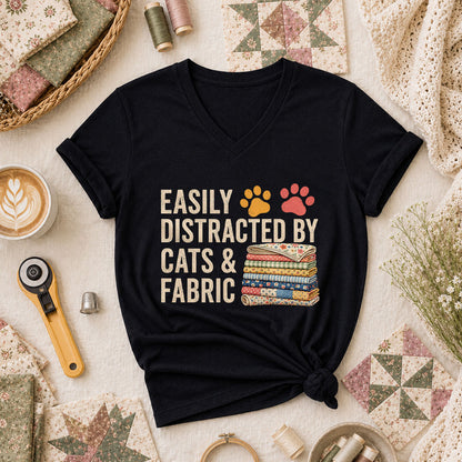 Easily Distracted By Cats And Fabric Women's V-Neck - Black