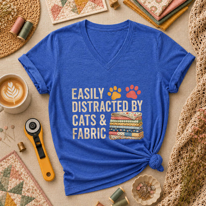 Easily Distracted By Cats And Fabric Women's V-Neck - Heather True Royal