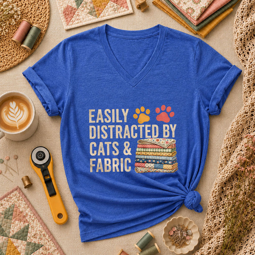 Easily Distracted By Cats And Fabric Women's V-Neck - Heather True Royal