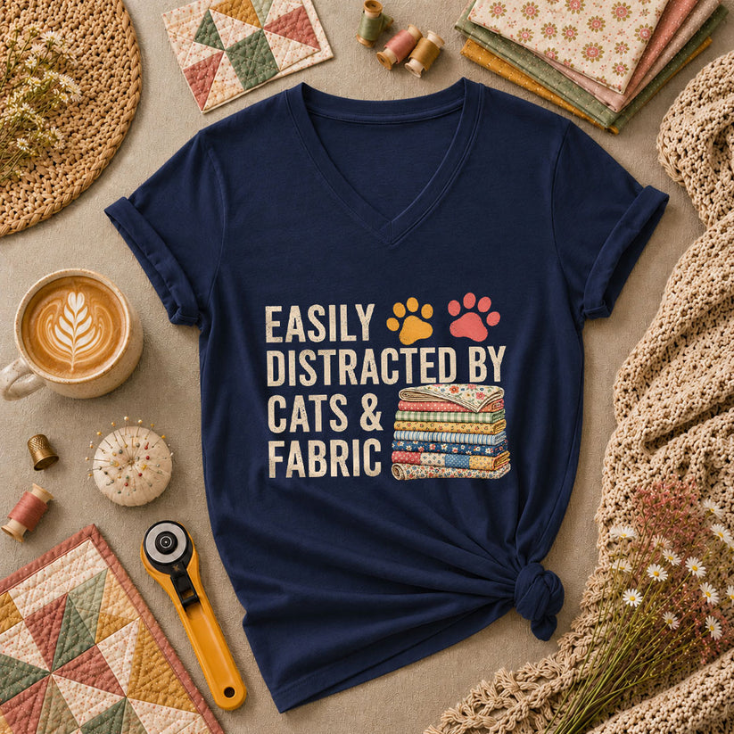 Easily Distracted By Cats And Fabric Women's V-Neck - Navy