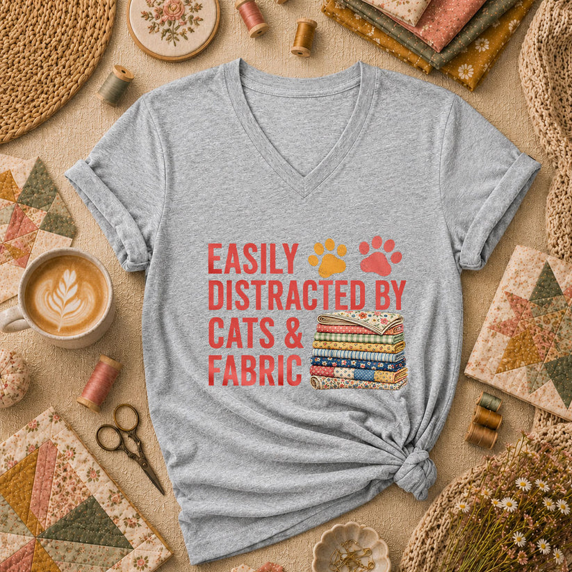 Easily Distracted By Cats And Fabric Women's V-Neck - Sport Grey