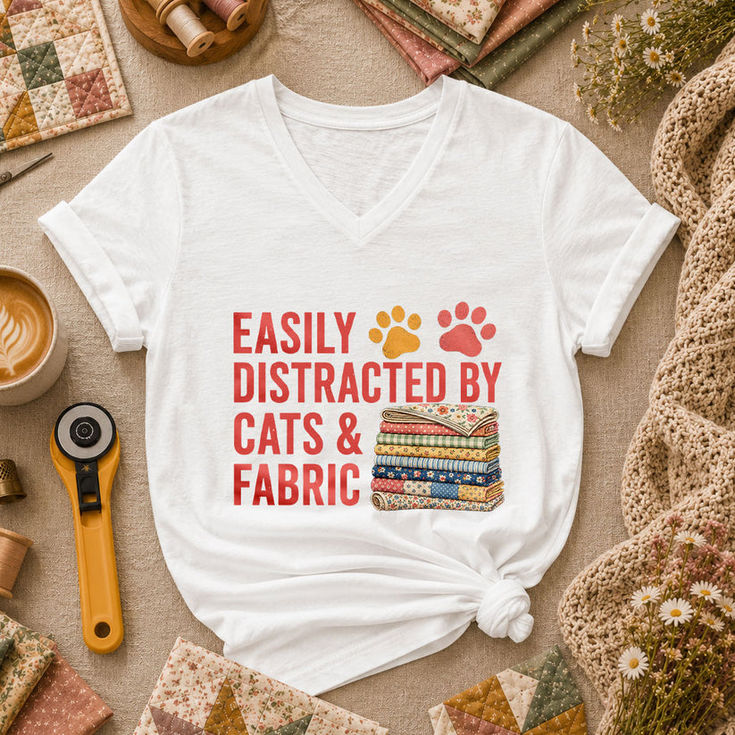 Easily Distracted By Cats And Fabric Women's V-Neck - White