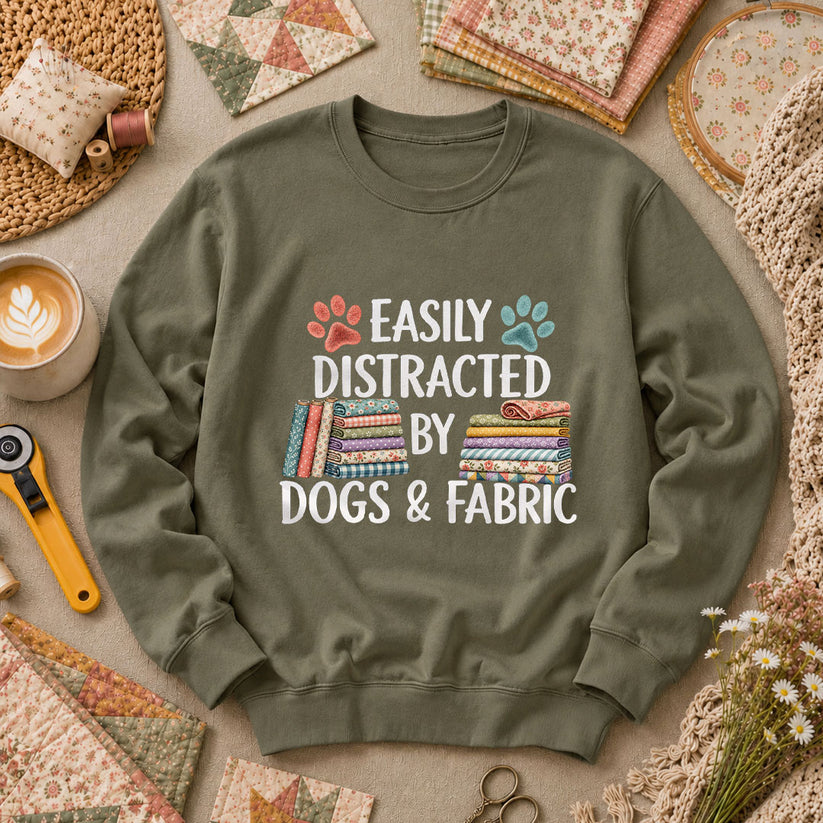 Easily Distracted By Dogs And Fabric Long Sleeve - Military Green