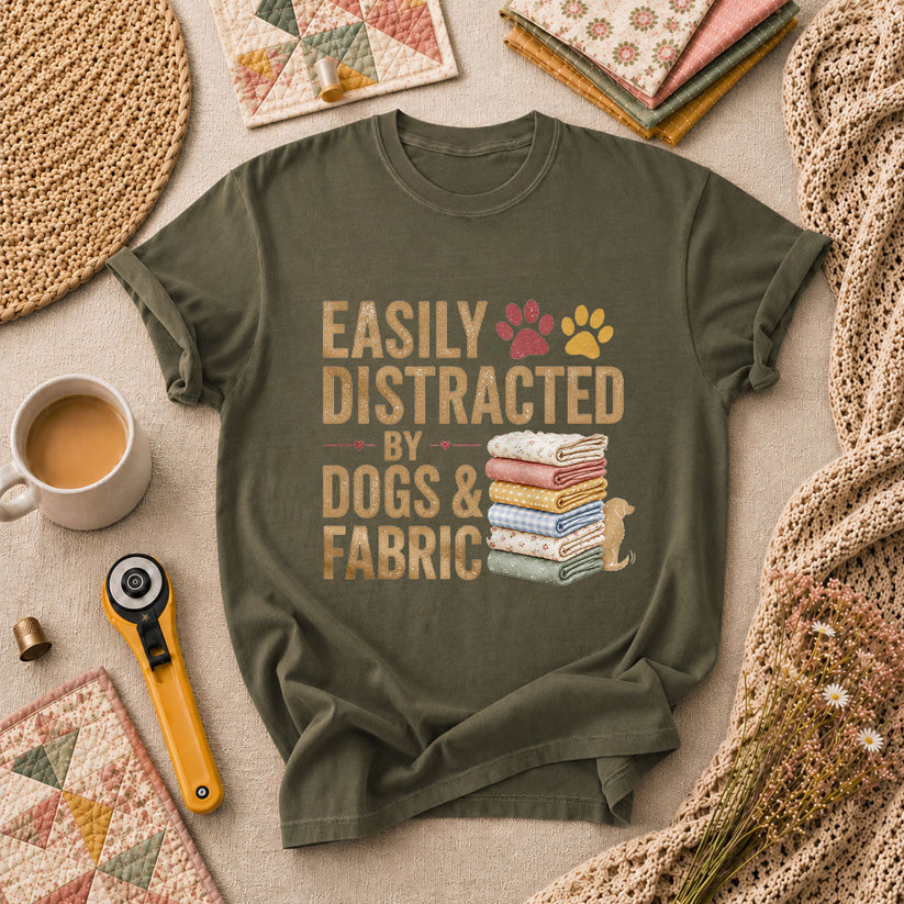 Easily Distracted By Dogs And Fabric Quilter T-Shirt - Military Green