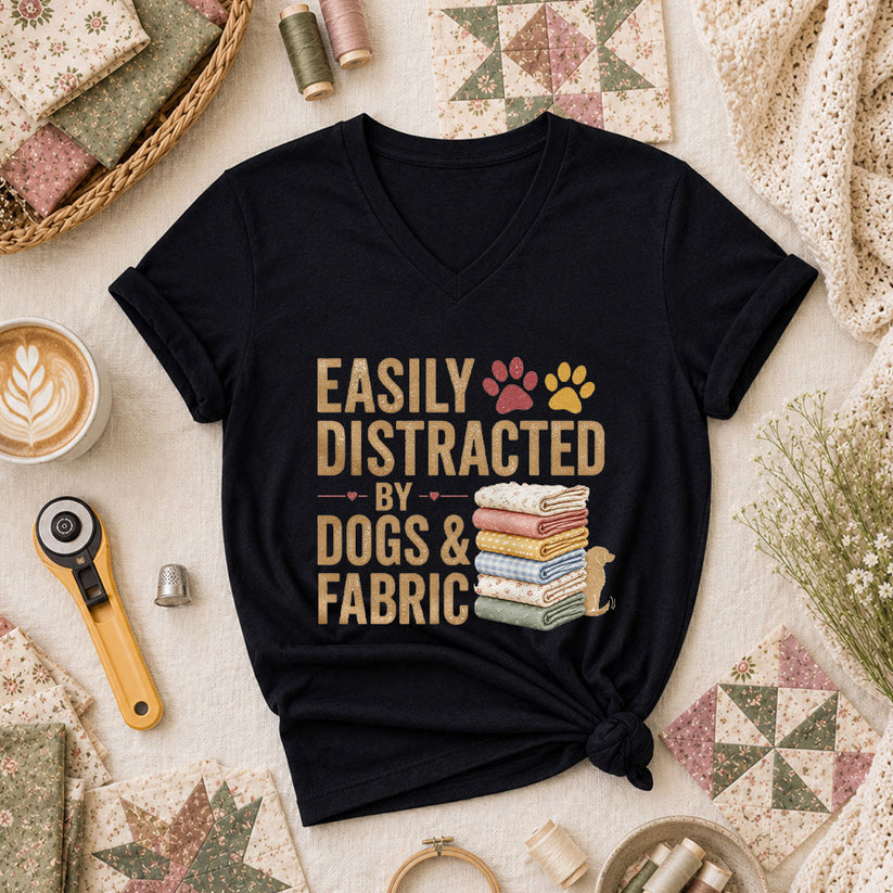 Easily Distracted By Dogs And Fabric Quilter Women's V-Neck - Black