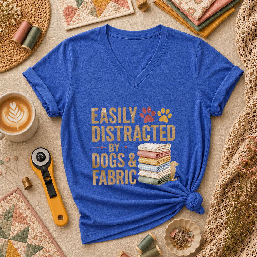 Easily Distracted By Dogs And Fabric Quilter Women's V-Neck - Heather True Royal